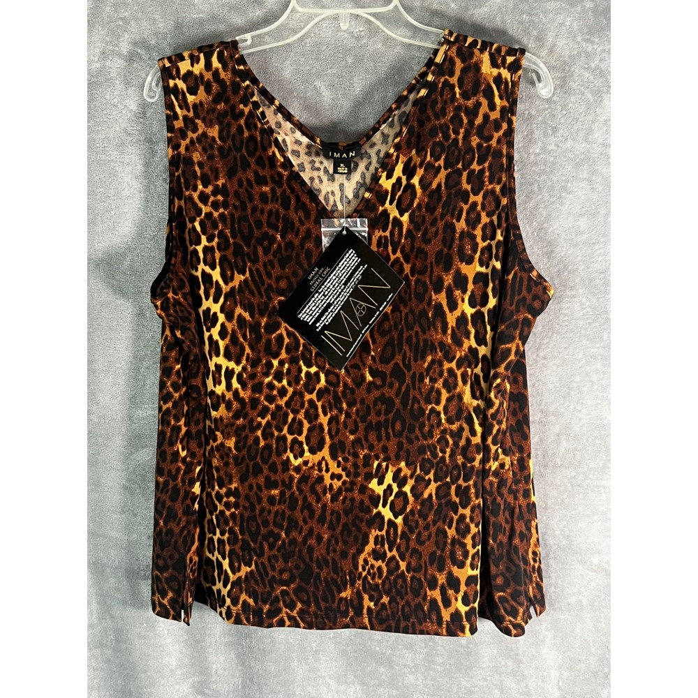 IMAN XL Leopard Print Sleeveless V Neck Top Stretch NWT Necklace Career Office